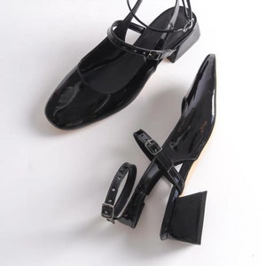 Chaussures vernies pour femme, Chaussures de mariage pour femme, Chaussures à talons aiguilles pour femme, Chaussures en cuir verni noires, Chaussures Mary Jane à talons noirs pour femme, Mary Jane rétro image 9