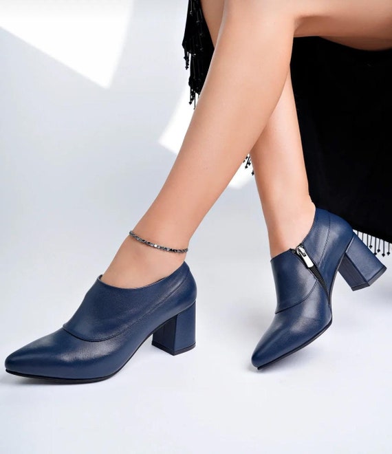 Handmade high heels navy blue shoes, Pointed toe heels, Genuine leather  Heels, Ankle heels shoes, Daily Women Heels Shoes, Mary jane heels