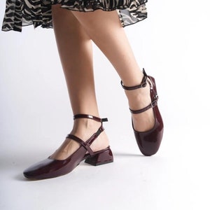 Chaussures vernies pour femme, Chaussures de mariage pour femme, Chaussures à talons aiguilles pour femme, Chaussures en cuir verni noires, Chaussures Mary Jane à talons noirs pour femme, Mary Jane rétro Burgundy