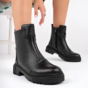 WOMEN BLACK ANKLE Boots, Women Boots, Women Genuine Leather Boots, Women Handmade Boots, Gift For Women,  Women Lace Up Boot, Zippered Boot