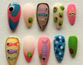 Custom Hand Painted Press On Nails | Fish And Olive Design | Reusable Almond Nails