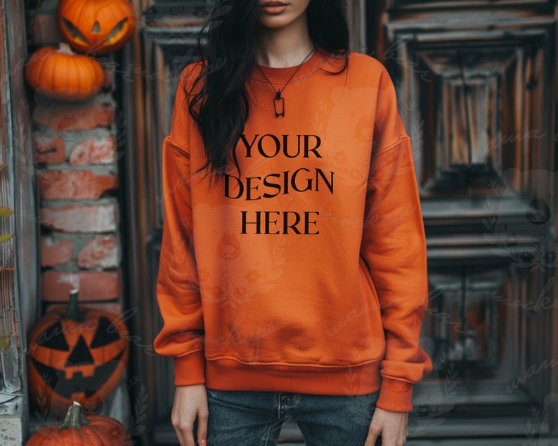 Orange Gildan 18000 Mockup, Sweatshirt Mockup, Female Model Sweatshirt ...