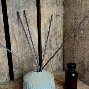 Może przedstawiać: Jasnozielony, teksturowany dyfuzor z pionowymi niebieskimi paskami, trzymający kilka ciemnobrązowych patyczków. Po prawej stronie mała, ciemnobrązowa szklana butelka z czarną zakrętką. Na drewnianej powierzchni.