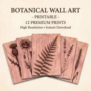Könnte beinhalten: Botanische Wandkunst-Drucke mit detaillierten Illustrationen verschiedener Pflanzen, darunter eine Distel, Mohnblume, Farn, Lavendel und Weizen. Die Drucke haben eine Vintage-Ästhetik mit einem weichen rosa Hintergrund und sind als druckbar gekennzeichnet.