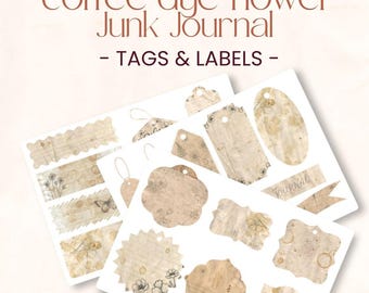 Coffee Dyed Flower Tags and Labels | 6 Printable Ephemera Pages | A4 Digital Download for Junk Journals, Scrapbooking, Collages