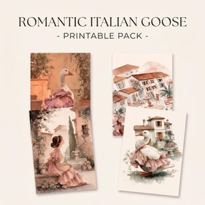 Könnte beinhalten: Druckbares Paket mit Aquarellillustrationen. Die Bilder zeigen eine Gans in einem rosa Kleid, italienische Architektur und eine Frau in einem rosa Kleid. Der Text lautet "ROMANTIC ITALIAN GOOSE - PRINTABLE PACK -."