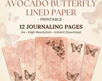 Avocado Dyed Butterfly Lined Paper Printable | 12 A4 Journaling Pages | Vintage Butterfly Writing Paper | Junk Journal | Instant Download