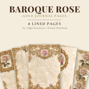 Könnte beinhalten: Digitale Journal-Seiten mit dem Titel BAROQUE ROSE - GOLD JOURNAL PAGES - 8 LINED PAGES A4. Das Briefpapier besteht aus cremefarbenem Papier mit horizontalen Linien, verzierten goldenen Rahmen und Abbildungen von rosa Rosen.