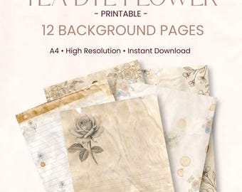 Tea Dyed Flower Background Pages | 12 Printable Journal Papers | A4 Digital Download for Junk Journals, Scrapbooking, Collages