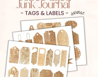 Coffee Dyed Junk Journal Tags and Labels – Grunge I Vintage Printable Ephemera, Junk Journal Supplies, A4 Printable, Instant Download