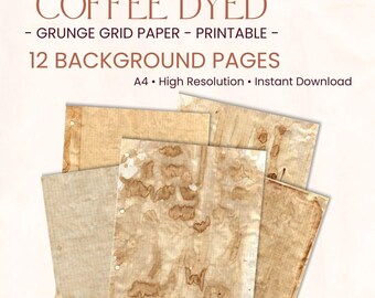Coffee Dyed Grunge Grid Paper – Printable Junk Journal Backgrounds, Vintage Distressed Grid Pages, A4 Digital Paper, Instant Download