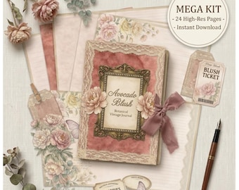 Avocado Blush Junk Journal MEGA Kit - 24 High-Res Printable Pages, Vintage Peonies & Lace Ephemera, Backgrounds, Journal Pages, Fussy Cuts