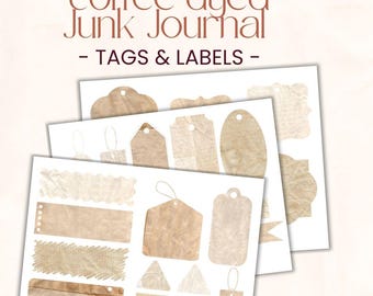 Coffee Dyed Junk Journal Tags and Labels – Light - Vintage Printable Ephemera, Junk Journal Supplies, A4 Printable, Instant Download