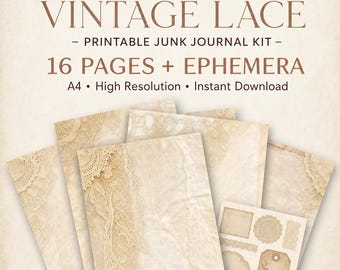 Coffee Dyed Vintage Lace Junk Journal Kit | 16 Printable Background Pages + Ephemera Tags | Shabby Chic Paper Pack