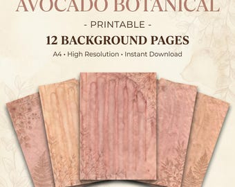 Avocado Dyed Botanical Background Pages | 12 A4 Printable Pages | Junk Journal Digital Paper | Vintage Botanical Paper | Instant Download