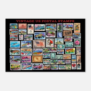 Vintage US Post Briefmarken Collage, Retro Amerikanische Briefmarke Kunstdruck Nostalgische Reise Dekoration & Geschenke, Vintage Leinwand Wandkunst