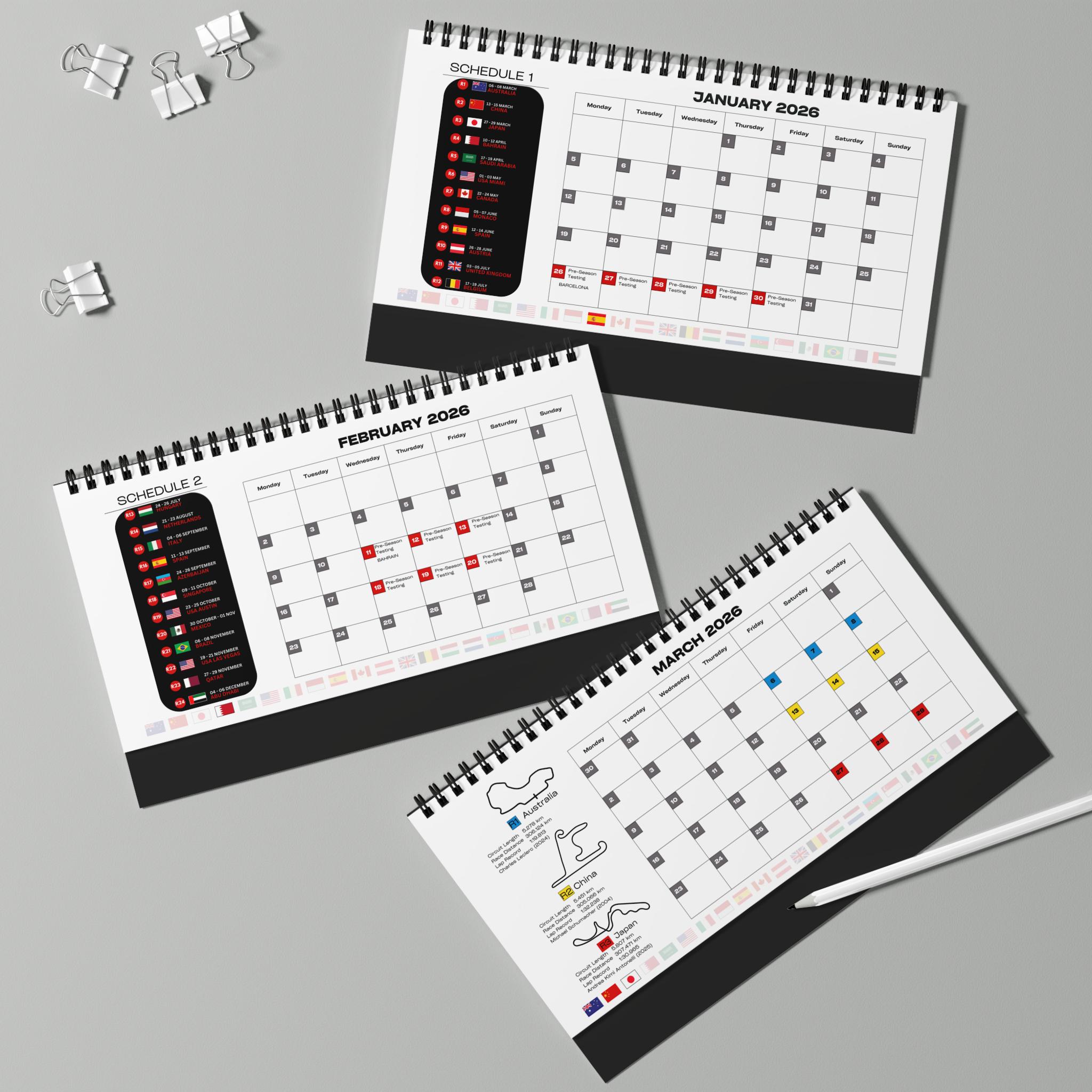 Formula Racing 2026 Desktop Calendar: Track Stats & Country Flags (UK ...