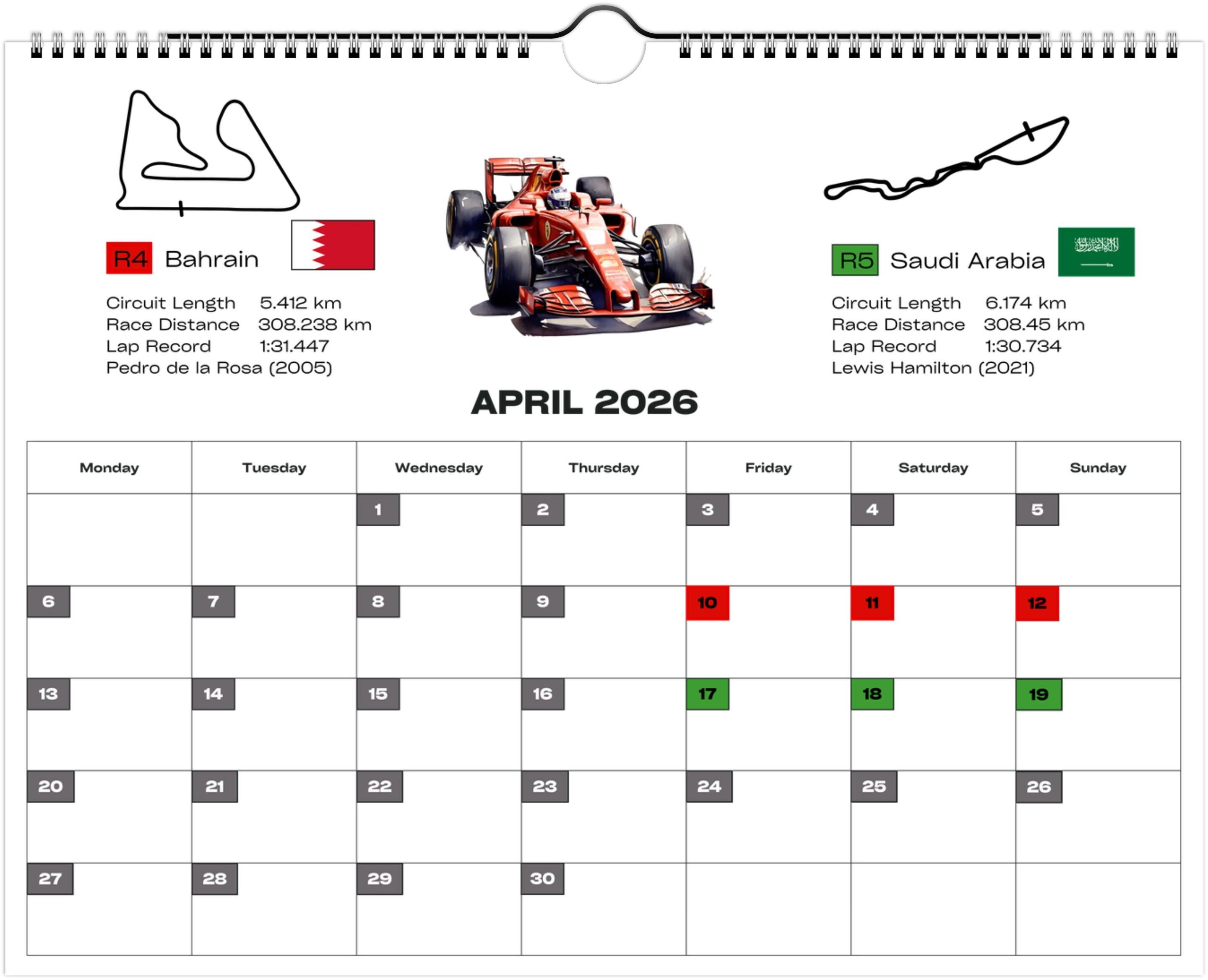 Track Auto Racing Calendar Formula Racing 2026 Wall Calendar: Country Flags & Track Schedule (US ...
