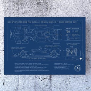 May include: A blueprint-style schematic of a 2026 Grand Prix chassis, featuring top and side views of a race car. The design includes detailed specifications and technical data, rendered in white on a blue background.