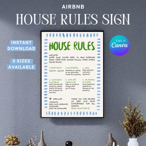 May include: A white rectangular house rules sign with a blue oval border. The text reads HOUSE RULES, followed by six numbered points regarding quiet hours, smoking, pets, locking doors, energy conservation, and parties, plus a section for WiFi details.