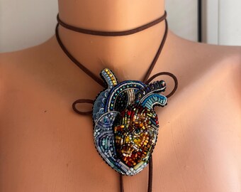 Van Gogh Inspired Beaded Heart Brooch - Anatomical Velvet Embroidery