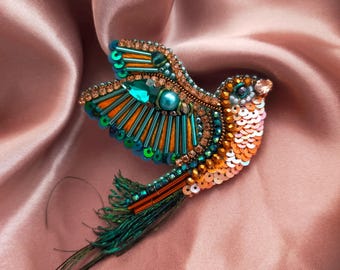 アート ブローチ 鳥 時計 布 ビーズ 刺繍 アート ブローチ 鳥 時計 布