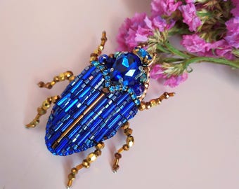 Handmade Blue Beetle Brooch: Beaded Insect Pin, Nature Jewelry Accessory