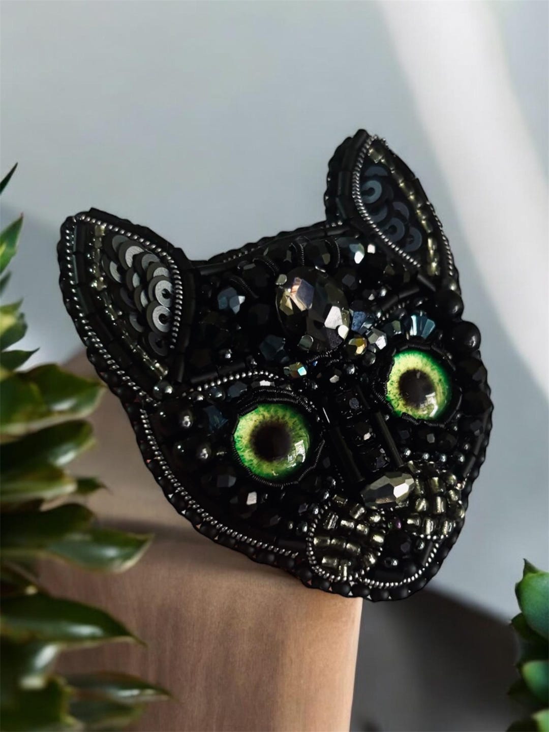 Handmade Beaded Black Cat Brooch With Green Eyes – Embroidered Feline ...