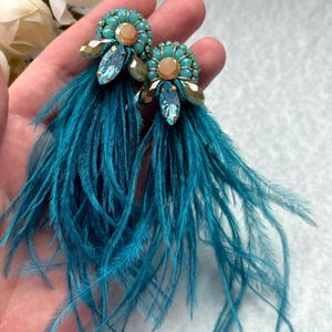 earrings with feathers, Turquoise Feather tassel earrings, Embroidered Dangle earrings for Festival and Cocktail