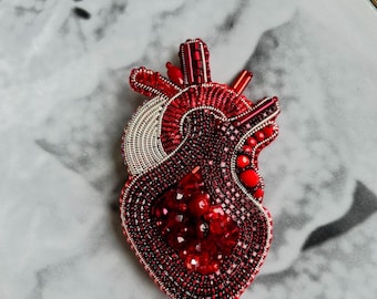 Anatomical Heart Brooch • Beaded Velvet Pin, Gift for Cardiologist