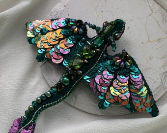 Green Dragon Brooch,  Emerald Beaded dragon Pin, statement embroidered jewelry gift