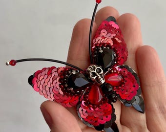 赤い蝶、宝石の蝶、蝶のブローチ、蝶のピン、輝く蝶、赤い蝶、蝶の