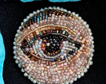 Beaded Evil Eye Brooch – Round Embroidered Eye Pin – Handmade Talisman Jewelry