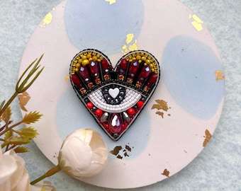 Beaded Evil Eye Heart Brooch, Embroidered Protective Amulet Pin, Czech Japanese Beads