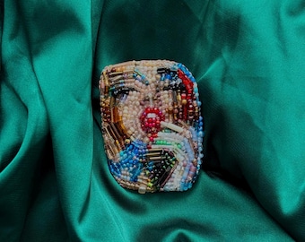 Beaded Portrait Girl Brooch embroidered face Art Pin