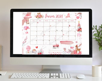 Monthly Calendar February 2024 pink and white Valentine's Day atmosphere