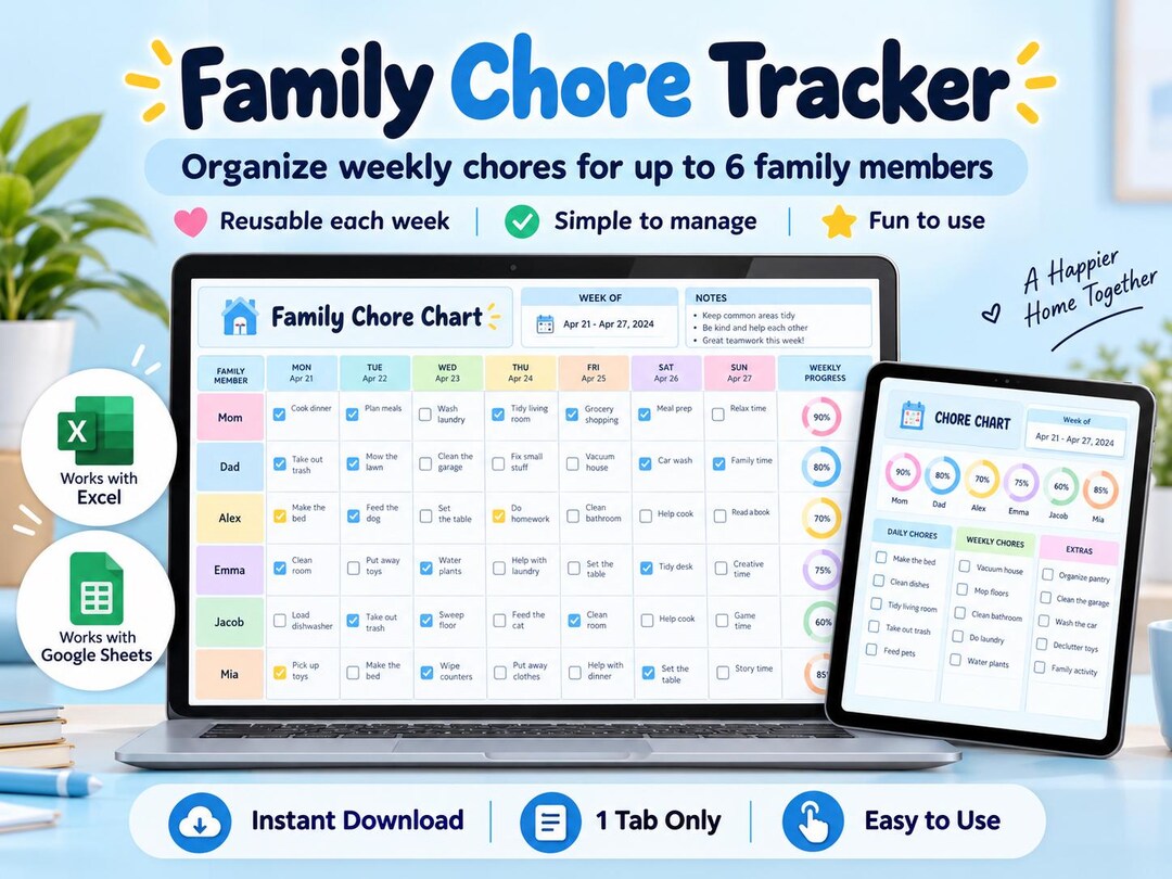 Excel Report Chart Example Family Chore Chart Google Sheets Excel Template Weekly Tracker for ...