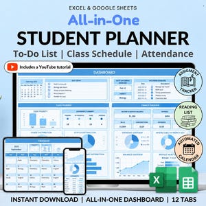 Student Planner Spreadsheet Assignment Tracker Class Schedule Study Planner Attendance Calendar Excel Google Sheets
