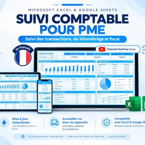 May include: A digital accounting dashboard for small businesses displayed on a laptop, tablet, and smartphone. The screen shows financial charts, transaction tracking, and fiscal data in blue and white. Includes Microsoft Excel and Google Sheets icons.