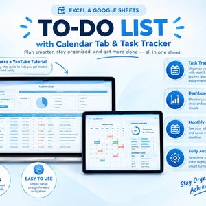 Puede incluir: Una plantilla digital de lista de tareas para Excel y Google Sheets con seguimiento de tareas y pestaña de calendario. La interfaz muestra listas, gráficos de progreso y calendarios mensuales. Incluye un tutorial de YouTube y cuatro pestañas.
