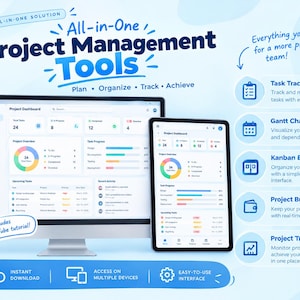 May include: A computer monitor and tablet displaying a project management dashboard with charts and task lists. Text includes All-in-One Project Management Tools, Plan, Organize, Track, Achieve, and descriptions for task tracker, Gantt chart, and Kanban board.