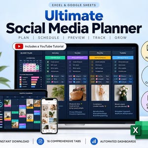 Peut inclure: Un planificateur de réseaux sociaux numérique pour Excel et Google Sheets avec un ordinateur portable, une tablette et un smartphone affichant un calendrier de contenu sur 30 jours, une répartition des plateformes et un planning mensuel.