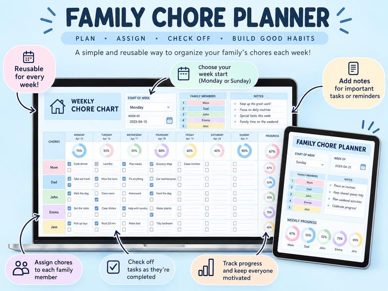 Excel Report Chart Example Family Chore Chart Google Sheets Excel Template Weekly Tracker for ...