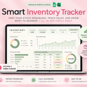 以下が含まれることがあります： Google SheetsおよびExcel用のSmart Inventory Trackerを表示するノートパソコンの画面。ダッシュボードには、在庫概要、在庫状況の円グラフ、売上グラフ、商品名、SKU、在庫レベル、ステータスを示す表が表示されています。