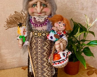 BABA YAGA Witch Doll Witch Forest Fairy Doll Hag with Broom Gift Ukrainian Amulet Doll Ukrainian Style Home Decor Good Luck and Happy Witch