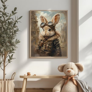 Entdecker-Häschen -Steampunk Vintage Kaninchen-Illustration, herunterladbare Wandkunst, Kinderzimmer-Malerei, Kinderdekor