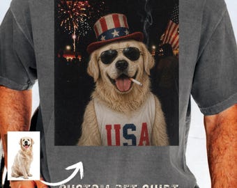 Custom Dog Portrait Shirt, Patriotic Pet Shirt, 4th of July Dog Tee, Personalized USA Dog Shirt