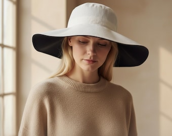 Sombrero de sol reversible de lino, ala ancha, color negro, para mujer, protección para el verano