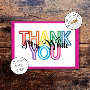 Personalised Thank You Card - Bright Rainbow Lettering with Any Custom Name - Teachers Greetings Card - 5 x 7 inches - Free Postage UK