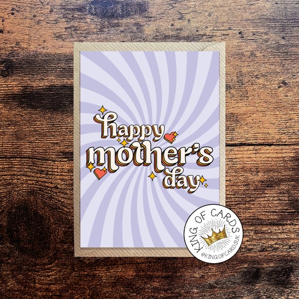 Retro Happy Mother's Day Greetings Card - Groovy Vintage Violet Swirl Layered Font - Hearts  Stars - A6 or 5 x 7 inches - Free Postage UK